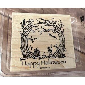 HTF Stampin Up! HAUNTED WOODS WOOD MOUNTED Rubber Stamp PUMPKIN CAT BAT OWL